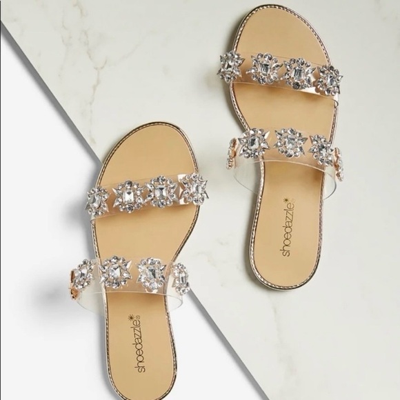 Sz 5.5 Haleigh Gold Rhinestone Flat Slide Sandals NIB - Picture 1 of 11